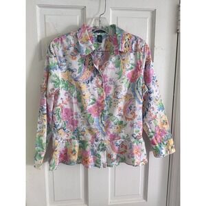 Ralph Lauren Peplum Blouse Floral 100% Cotton Sz 10 Cruise Coastal Romantic Boho
